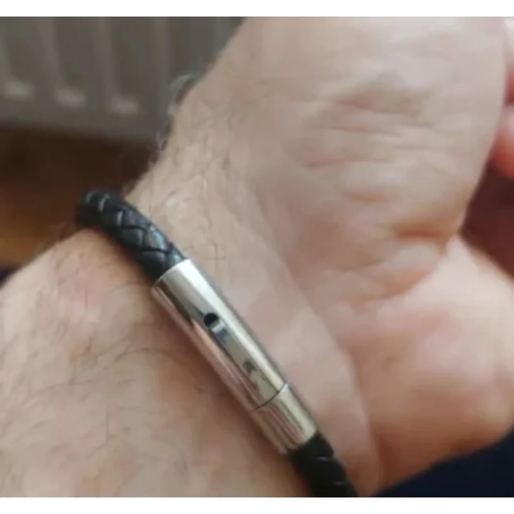 NEW Unisex Men's Black Leather Stainless Magnetic Closure Bracelet‎ 8.25”